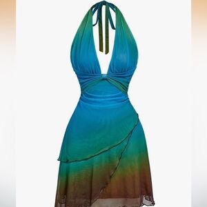 Whimsical Boho Halter Gradient Maxi Dress in Teal to Brown